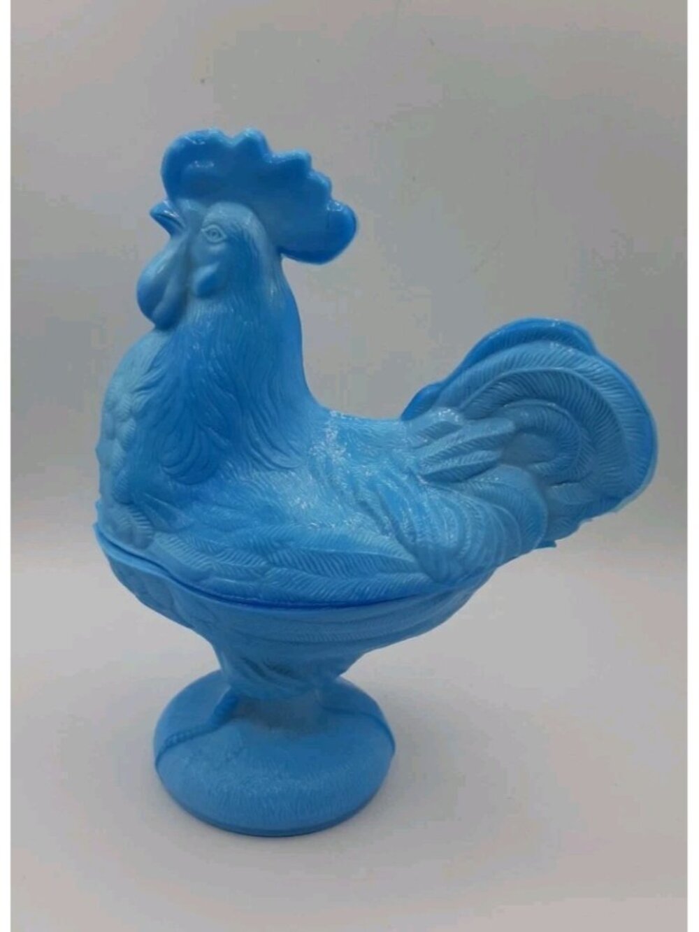 Vintage Rare Standing Rooster on a Nest Blue Slag Milk Glass Covered Candy Dish
